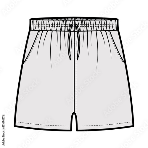 Sport training shorts Activewear technical fashion illustration with elastic low waist, rise, drawstrings, pockets, Relaxed fit, micro length. Flat bottom apparel front, grey color. Women men unisex