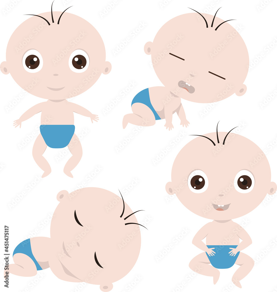 Happy, sleepy, angry and joyful baby boy in diaper. Set of 4 newborn poses Happy, sleepy, angry and joyful baby boy in diaper. Set of 4 newborn poses