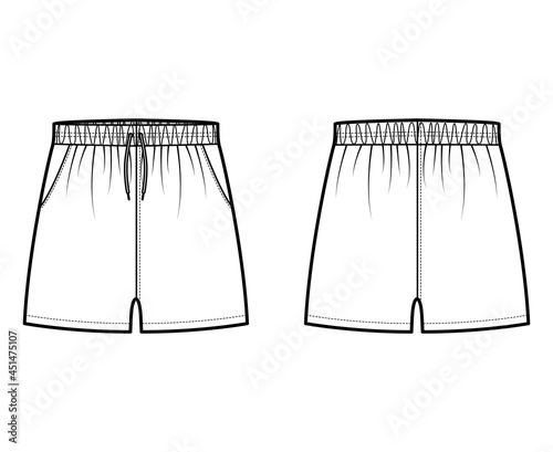 Sport training shorts technical fashion illustration with elastic low waist, rise, drawstrings, Relaxed fit, micro length. Flat bottom apparel template front, back, white color. Women men unisex CAD