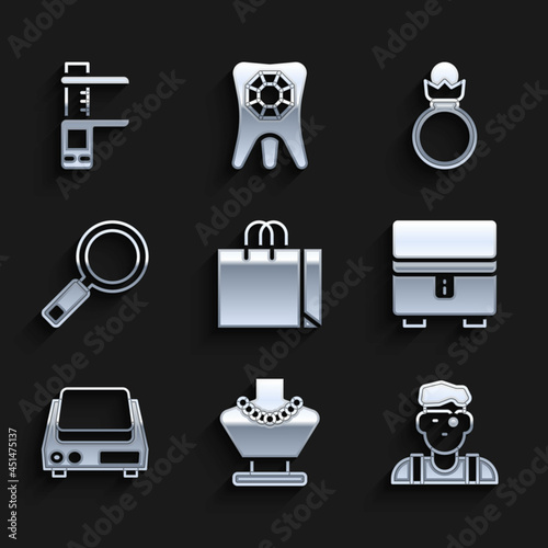 Set Shopping bag jewelry, Necklace on mannequin, Jeweler, Jewelry box, Electronic scales, Magnifying glass, Diamond engagement ring and Calliper or caliper and icon. Vector