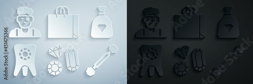Set Gem stone, Bag with gems, Tooth diamond, Piercing, Shopping bag jewelry and Jeweler man icon. Vector