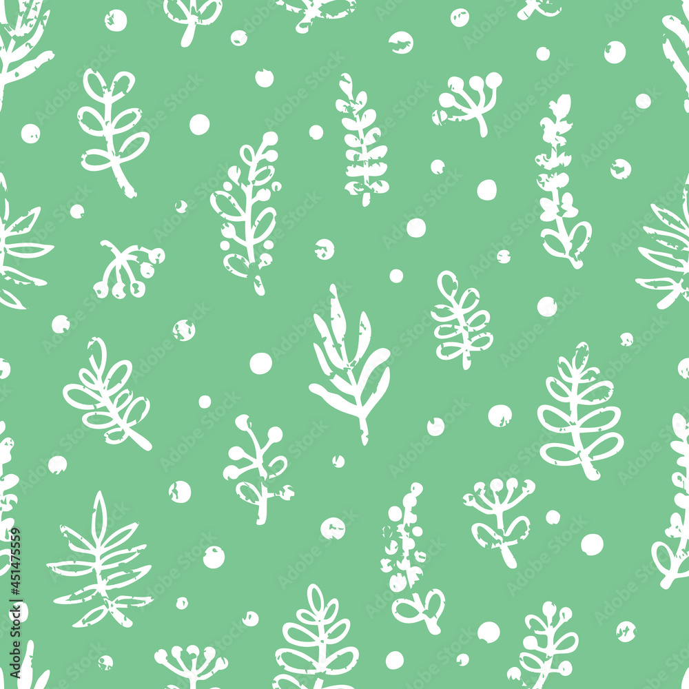 Vector seamless pattern with leaves with scratched texture. Botanical design for wallpaper, textile, fabric, wrapping paper.