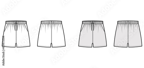 Sport training shorts Activewear technical fashion illustration with low waist, rise, drawstrings, pockets, Relaxed fit, micro length. Flat template front, back, white grey color. Women men unisex CAD photo