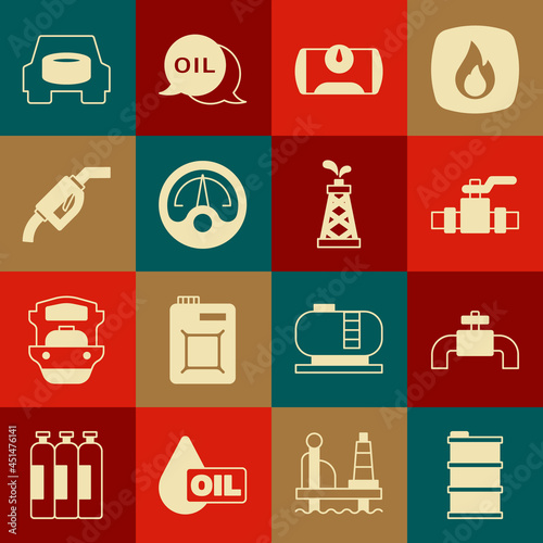 Set Barrel oil, Metallic pipes and valve, Gas tank for vehicle, Motor gas gauge, Gasoline pump nozzle, Spare wheel the car and Oil rig icon. Vector