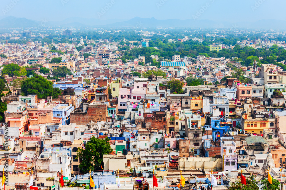 Udaipur city aerial panoramic view, India