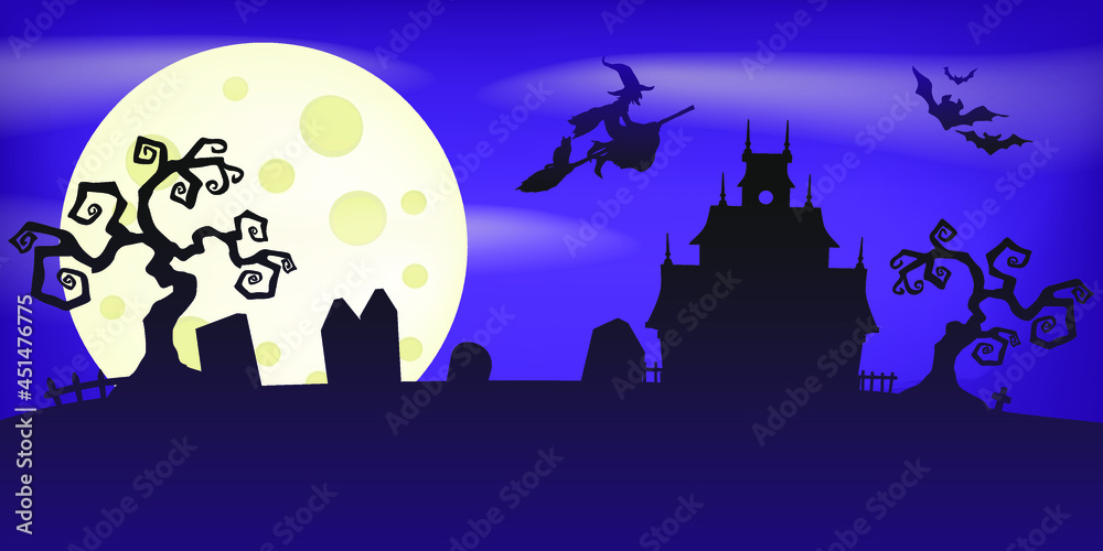 Halloween Scene Illustration Background. Vector Clip Art Holiday Horror Graveyard Wallpaper.
