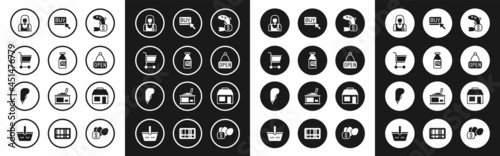 Set Price tag for fish, Bottle with milk, Shopping cart, Seller, Hanging sign Open, Buy button, Market store and Scanner scanning bar code icon. Vector
