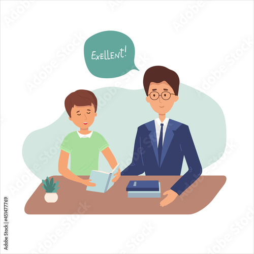 Boy student is reading at home. learning lesson with help of teacher, mom. Child is doing homework. tutor helps with solving tasks. Home school, online education, knowledge concept. Vector flat.