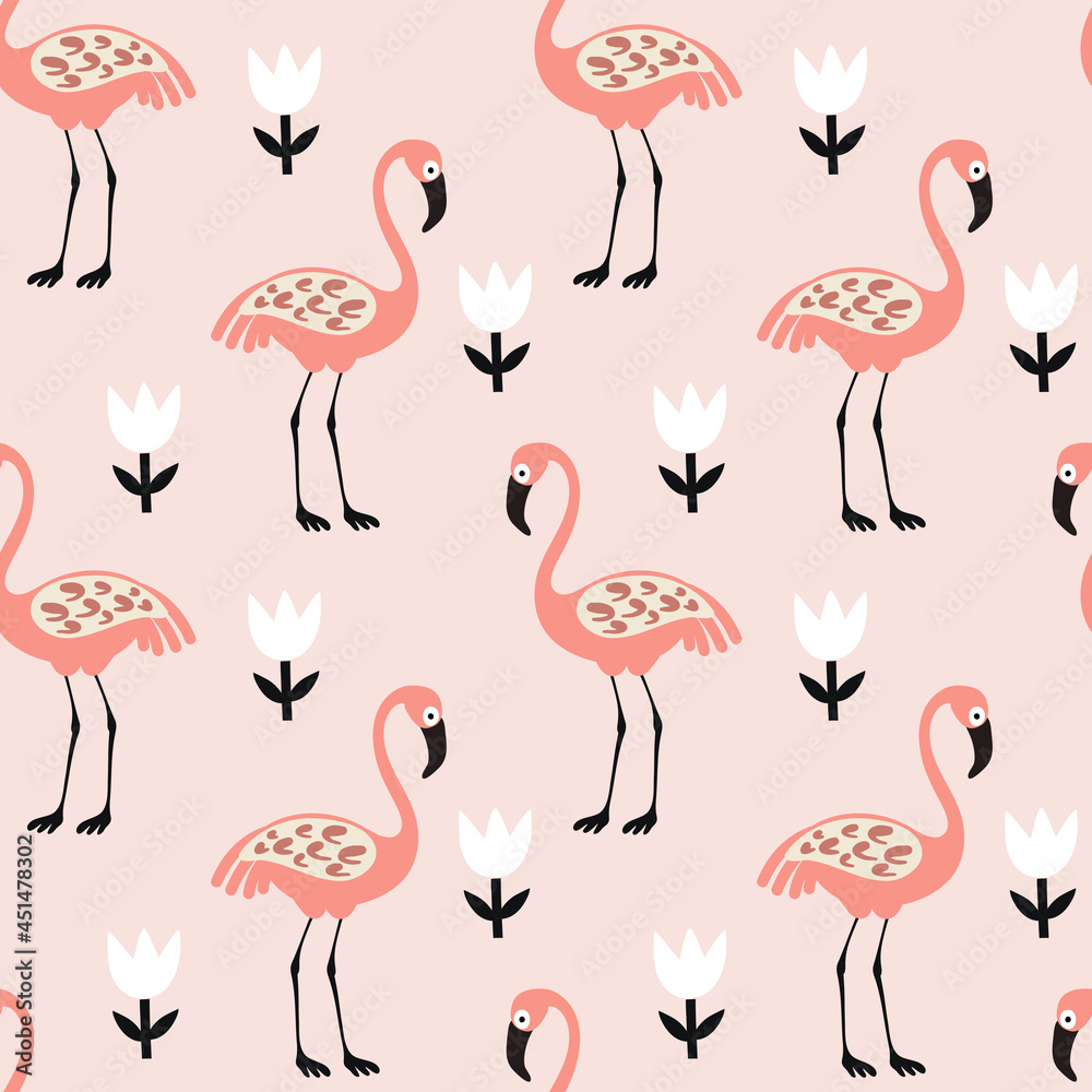 Obraz premium seamless pattern with vector illustrations pink flamingos with flowers. animalistic background for kids design on pink background