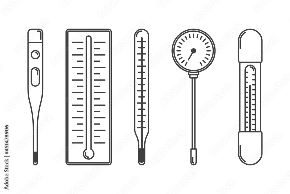 Thermometer icons set. Image of an electronic and mercury thermometer to measure the temperature of the body, surface and environment. Vector. - obrazy, fototapety, plakaty 