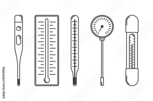 Thermometer icons set. Image of an electronic and mercury thermometer to measure the temperature of the body, surface and environment. Vector.