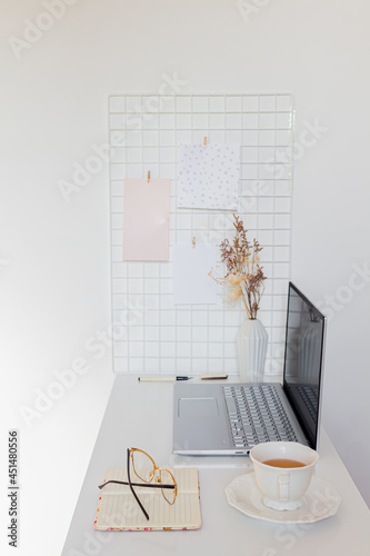 Aesthetic minimalist home office desk workspace on white background. Business, work concept for blog, website, social media.