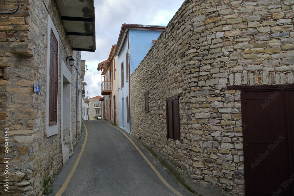 narrow street in old town, traditional stony houses in Cyprus, lefkara village