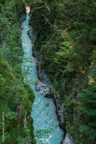 High angle view of stream Leutascher Ache running through Leutasch gorge photo