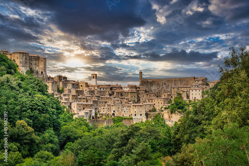 View from above on the medieval town of Sorano at sunset, in the Province of Grosseto, Tuscany (Toscana), Italy