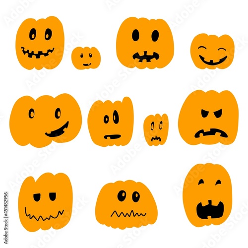 Set of vector illustration of Halloween pumpkin in hand drawn cartoon style on white background