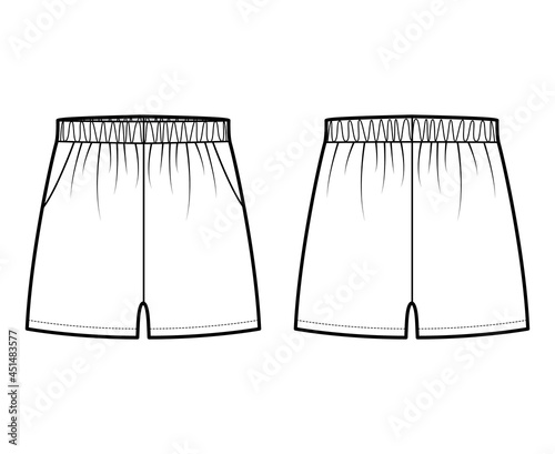 Sport training shorts Activewear technical fashion illustration with elastic low waist, rise, pockets, Relaxed fit, micro length. Flat bottom template front, back, white color. Women unisex CAD mockup