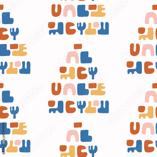 Abstract playful color style cut out shape pattern. Seamless modern simple lino cut style design for retro kids all over print. Trendy geometric home decor, kid fashion, wallpaper in vector repeat. 