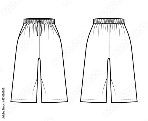 Bermuda Pocket Short technical fashion illustration with elastic normal waist, high rise, drawstrings, Relaxed fit, knee length. Flat apparel template front, back, white color. Women unisex CAD mockup