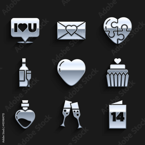 Set Heart, Glass of champagne, Greeting card, Wedding cake with heart, Bottle love potion, Champagne bottle, and Speech bubble I you icon. Vector