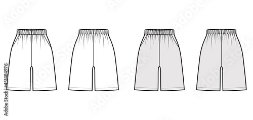 Active Shorts Sport training technical fashion illustration with high rise  pockets  Relaxed fit  mid-thigh length. Flat bottom apparel template front  back  white grey color. Women men unisex mockup