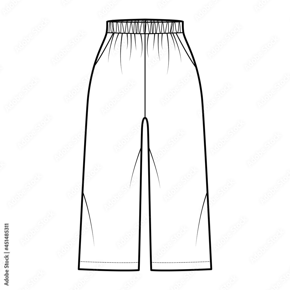 Bermuda shorts Activewear technical fashion illustration with elastic normal waist, high rise, pockets, Relaxed fit, calf length. Flat apparel template front, white color. Women men unisex CAD mockup