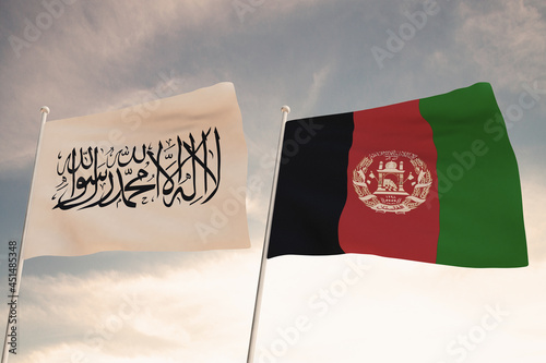 Flags of Afghanistan and Shahada waving with cloudy blue sky background, 3D redering. photo
