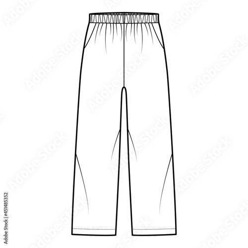 Pull-On Pants Sport training shorts technical fashion illustration with low waist, rise, pockets, Relaxed fit, ankle length. Flat bottom apparel template front white color. Women men unisex CAD mockup