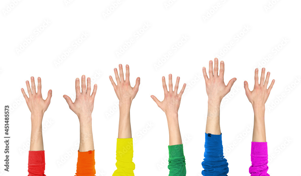 Isolated hands of a group of people from the LGBT community. White background and clothes in rainbow colors.