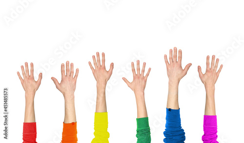 Isolated hands of a group of people from the LGBT community. White background and clothes in rainbow colors.