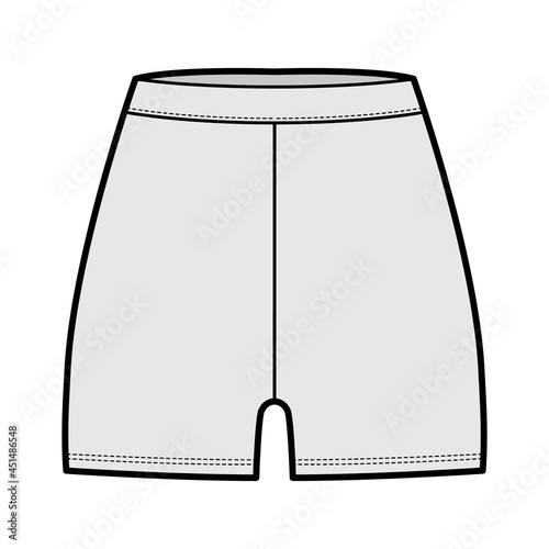Bike shorts Leggings technical fashion illustration with natural waist, high rise, micro length. Flat sport training pants, knit trousers apparel template front grey color. Women men unisex CAD mockup