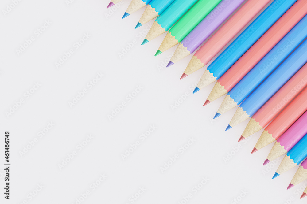 Colorful pencils in row on white background with copy space, 3d render Colorful pencils in row on white background with copy space, 3d render