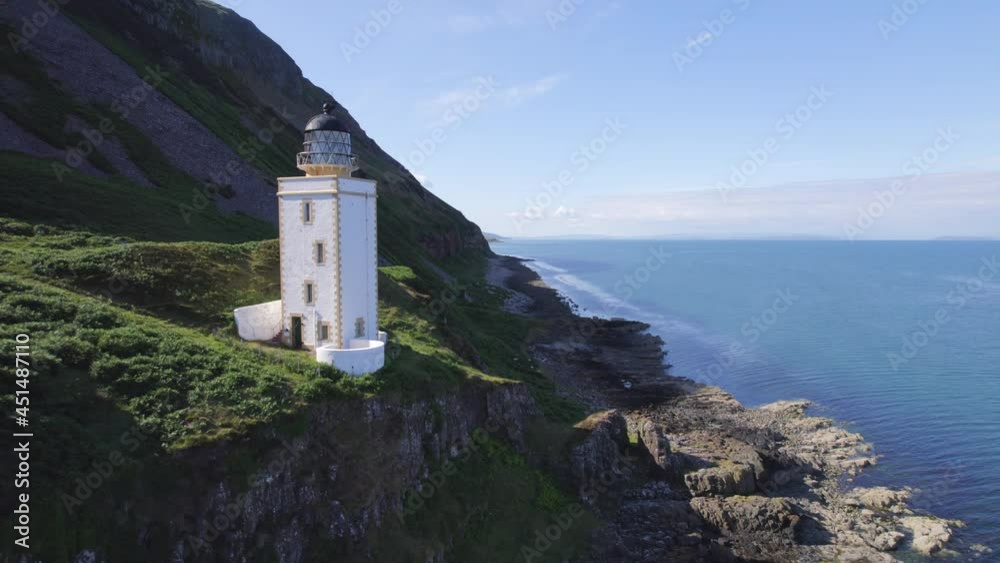 A Beautiful Square Lighthouse on a Cliff in the Summer A Beautiful Square Lighthouse on a Cliff in the Summer