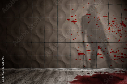 Fotografía Shadow of murderer with axe on bloodstained wall in dark room