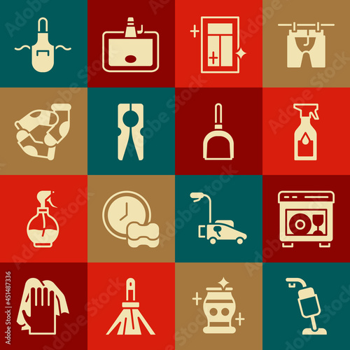 Set Vacuum cleaner, Dishwasher machine, Cleaning spray bottle, service for window, Clothes pin, Socks, Kitchen apron and Dustpan icon. Vector