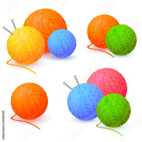 Balls of yarn threads. Bundles of wool for knitting, skeins of wool and knitting needles