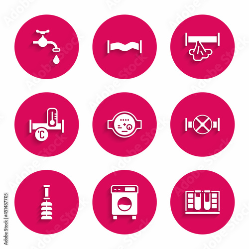 Set Water meter, Washer, Test tube with water drop, Industry pipe and valve, Toilet brush, metallic, Broken and tap icon. Vector