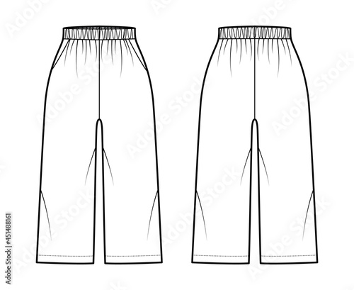 Bermuda shorts Activewear technical fashion illustration with elastic normal waist, high rise, pockets, Relaxed fit, calf length. Flat bottom apparel template front, back, white color. Women men CAD