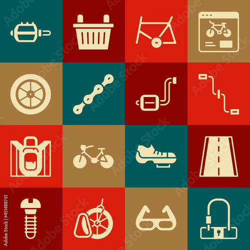 Set Bicycle lock, lane, pedals, frame, chain, wheel, and icon. Vector