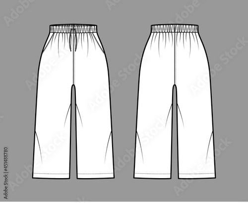 Bermuda shorts Activewear technical fashion illustration with elastic normal waist, high rise, drawstrings, pockets, Relaxed, calf length. Flat bottom apparel template front, back, white color. Women