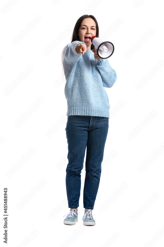 Young woman with megaphone on white background Young woman with megaphone on white background