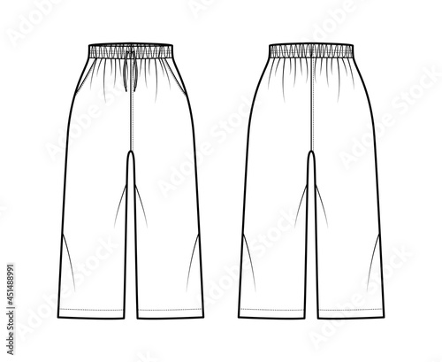 Bermuda shorts Activewear technical fashion illustration with elastic normal waist, high rise, drawstrings, pockets, calf length. Flat bottom apparel template front, back, white color. Women men CAD