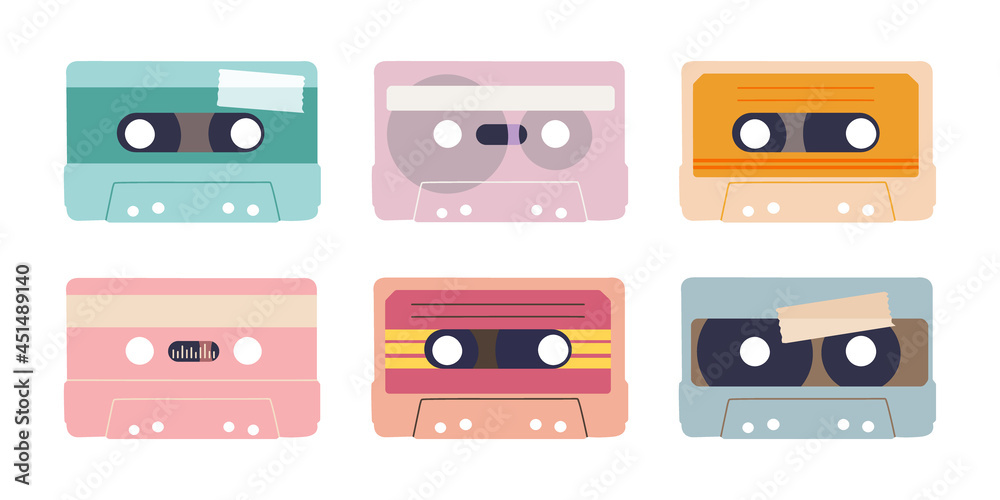 Various audio tapes. Isolated illustration of audio cassettes. Set of vector elements for retro design.