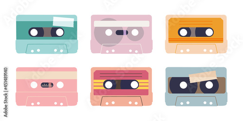 Various audio tapes. Isolated illustration of audio cassettes. Set of vector elements for retro design.