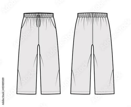 Bermuda shorts Activewear technical fashion illustration with elastic low waist, rise, drawstrings, Relaxed fit, calf length. Flat bottom apparel template front, back, grey color. Women men CAD mockup