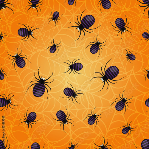 Halloween striped purple spiders on orange background with cobwebs seamless vector pattern