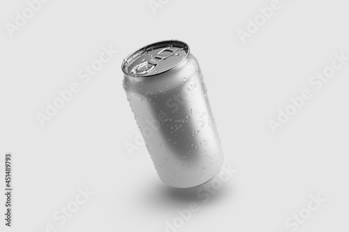 350ml Energy drink soda can mockup template with water droplets, isolated on light grey background. High resolution.