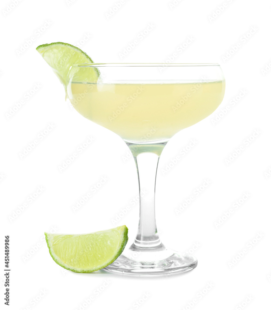 Glass of tasty daiquiri cocktail on white background Glass of tasty daiquiri cocktail on white background
