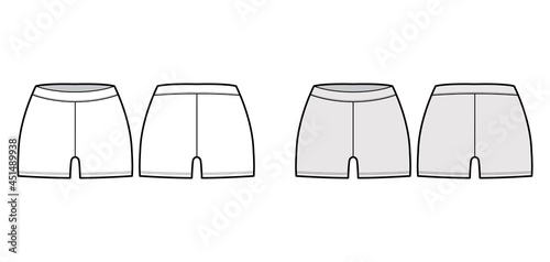 Bike shorts technical fashion illustration with low waist, rise, micro length. Flat sport training pants, casual knit trousers apparel template front back white grey color. Women men unisex CAD mockup