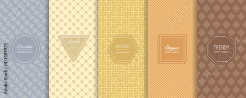 Abstract vector geometric seamless patterns collection. Set of simple colorful background swatches with elegant minimal labels. Modern textures. Trendy pastel colors, soft blue, yellow, orange, brown